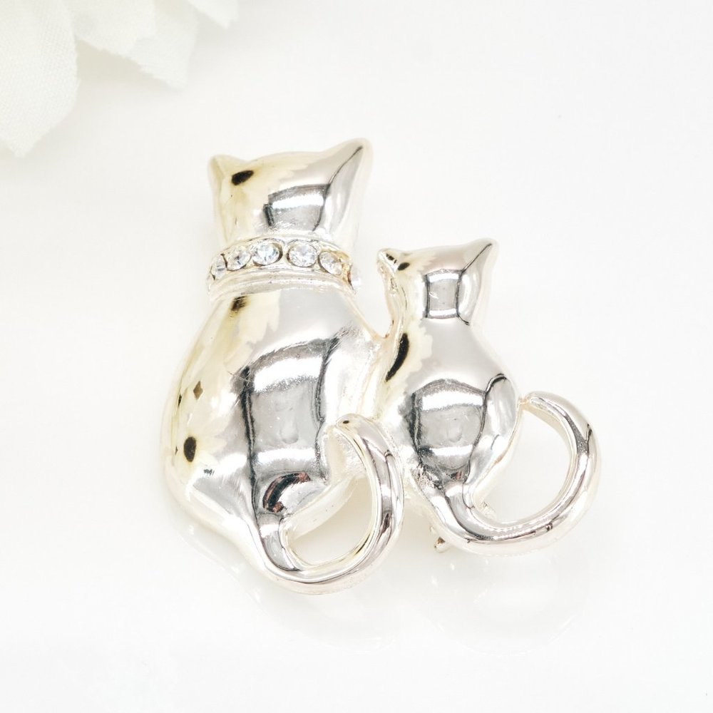 Vintage Brooch Pin, Silvertone Rhinestone Cats, Unique Cat Lovers Gift